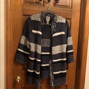 Rain + Rose Frayed Trim Navy & White Knit Open Cardigan Jacket